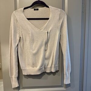 J. Crew Cream Sparkle Asymmetric Zip V-Neck Sweater